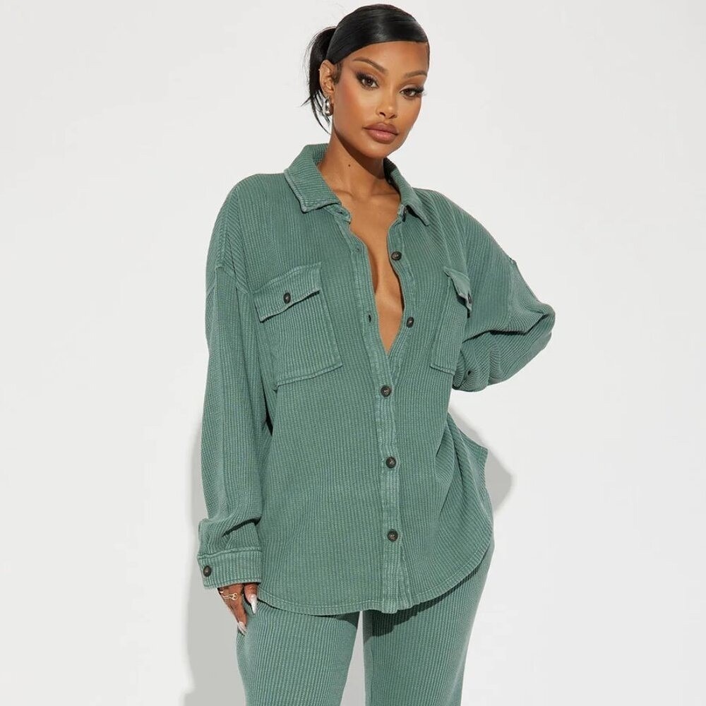 Fashion Nova Thermal Waffle Forest Green 2 PC. Set‎ 1X Sexy Comfy Minimalist NWT
